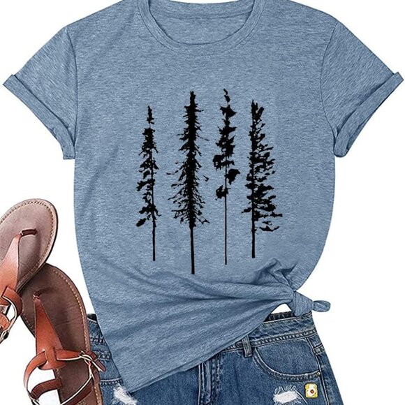 Funny Graphic Women Skinny Pine Tree Shirt Summer Hiking Camping Athletic Tees N - Picture 1 of 6